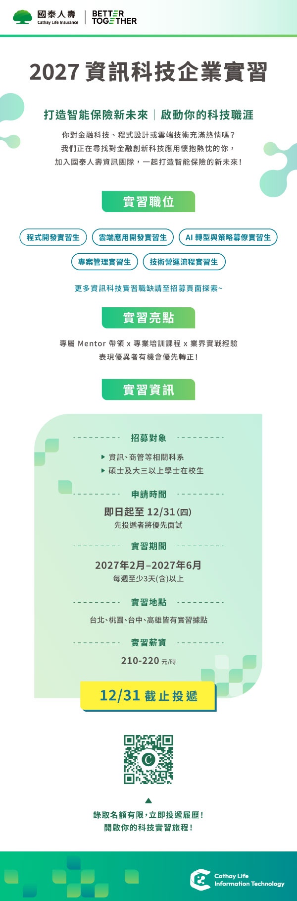 【實習】國泰人壽2027 資訊科技實習職缺資訊 附圖1
